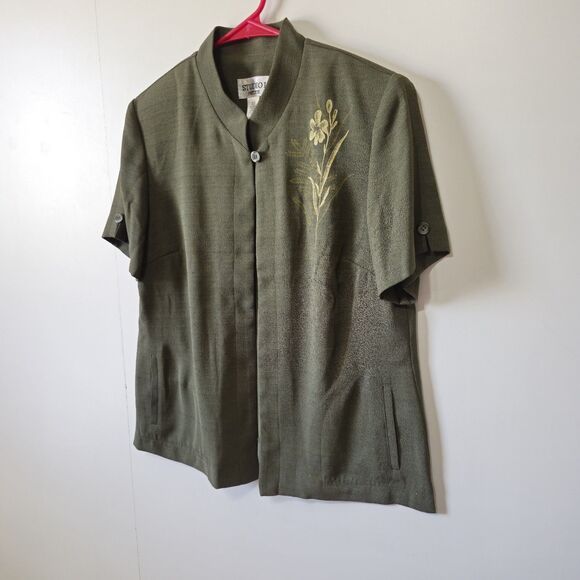 Studio 1 Petite Olive Green Embroidered Short Sleeve Blazer Jacket 10P VTG - Picture 2 of 10